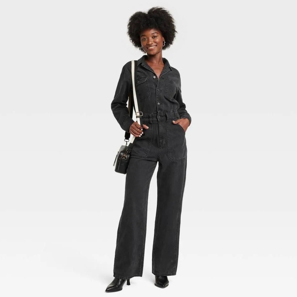Universal Thread Long Sleeve Black Utility Wide Leg Denim Jumpsuit size 6
